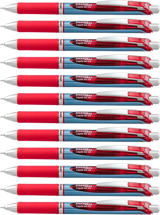 Pentel EnerGel Deluxe RTX Retractable Liquid Gel Pen, Medium Line, Needle Tip, Red Ink, Box of 12 (BLN77-B)