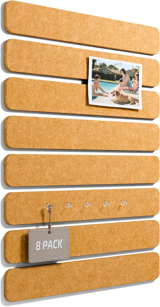Fluxynara Cork Board Alternative Felt Strip Board 8-Pack 13"x2", Office Pin Board with 50 Push Pins, Adhesive Install for Bedroom Door & Home Office(Sunset Yellow)