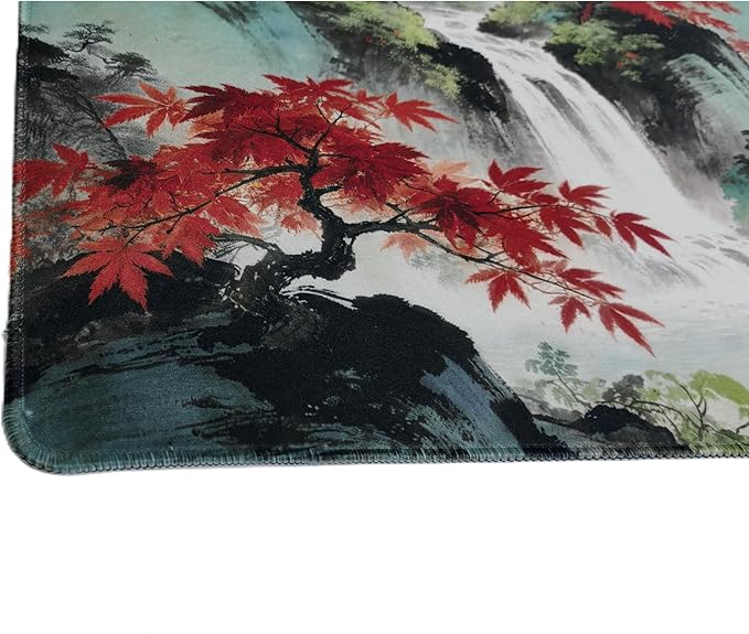 Large Mouse Pad Desk Mat, Asian Mountain Landscape with Red Maple Tree, Waterfall and Rainbow Design, 31.1x15.7 Inches, Cloth and Rubber Material with Stitched Edges