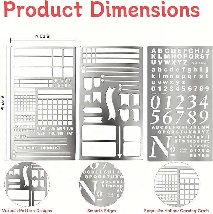 3 Pack Metal Planner Stencils Set, Reusable Stainless Steel Journal Templates Rulers for Bullet Journaling, Habit Tracker, Scrapbooking, DIY Drawing & A5 Notebook Planning