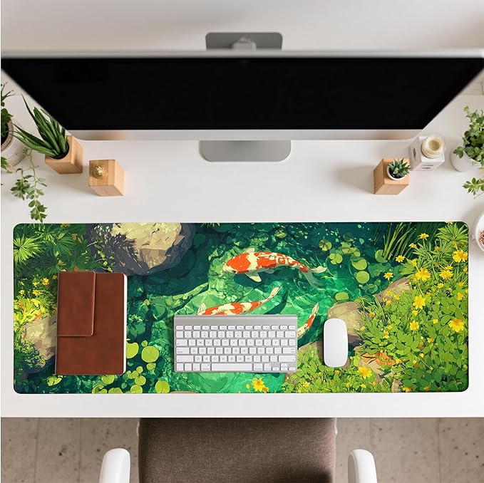 Fish Art Mouse Pad Green Desk Mat XL Mouse Gaming Pads, Fish Keyboard Pads Extra Large Desktop Computer Mats with Non-Slip Base & Stitched Edges, Vintage Office Decor 31.5x11.8