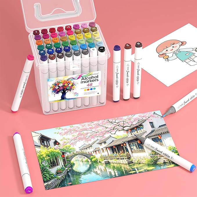 Alcohol Markers, 48 Colors Dual Tip Art Coloring Markers for Adult Coloring Books, Drawing, Sketching, Painting Supplies,Alcohol Based with Carrying Case