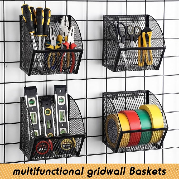 4 Pack Grid Wall Baskets Metal Wire Storage Basket Hanging Wall Mount Bins Containers Accessories for Organizing Storage Display Kitchen Office Garage Home Bathroom, Black