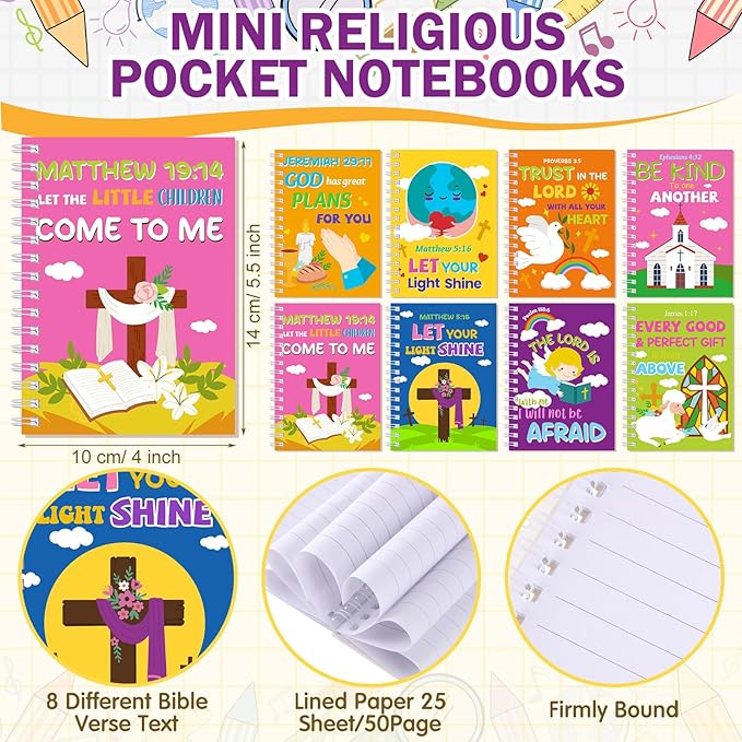 Crtiin Easter 48 Pcs Include 24 Bible Verse Notepad 24 Pencils Kids Christian Church Gifts Students Classroom Award Religious Notebook Bible Pencils Prayer Pocket School(Colorful Cross,Eclectic)