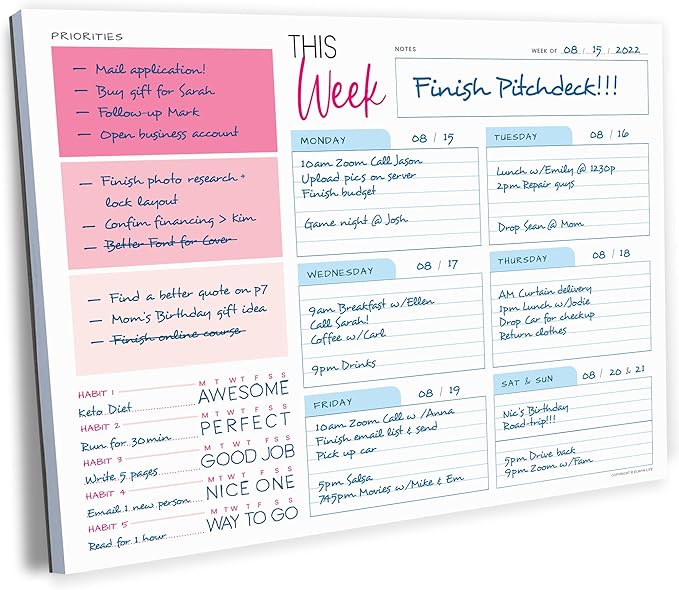 Weekly Planner Pad - Undated Planner - To Do List Notepad - Habit Tracker - 11 x 8.5" - 52 Tear-Off Sheets - Daily Planner Undated for Home Work Office Business - Goal Planner - Cute Planner (Pink)