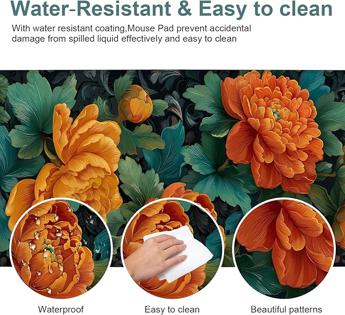 Retro Flower Extended Gaming Mouse Pad 31.5x11.8inches Large Desk Mat Anti-Slip Rubber Base & Durable Stitched Edges for Gamers Smooth Mouse Writing Surface for Desk Office/Home