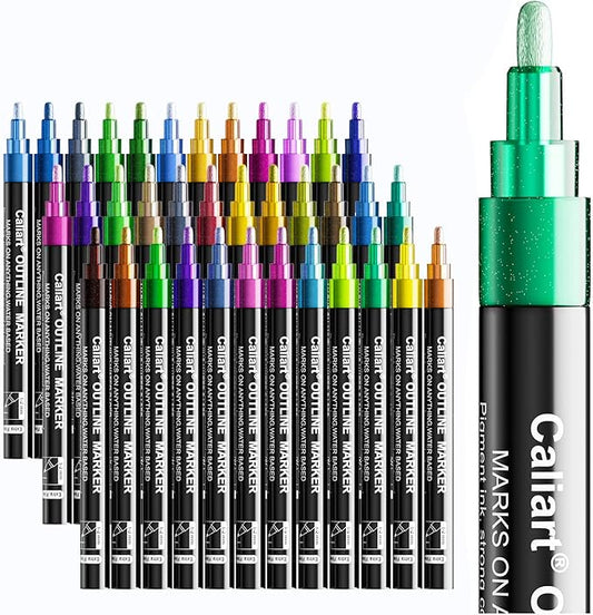 Caliart 36 Colors Outline Markers Shimmer Glitter Pens, Doodling Marker Set for Adults Artists, Cool Fun Craft Drawing Art Supplies