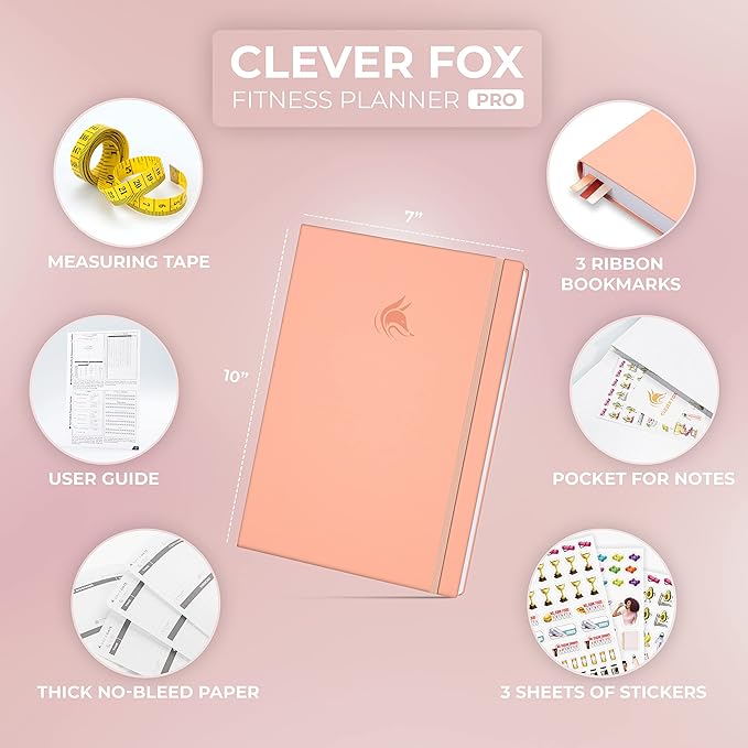 Clever Fox Fitness Journal PRO – Daily Workout Planner with Meal Planner & Habit Tracker – Gym Exercise Log Book for Women & Men – Fitness Planner Notebook – Lasts 6 Months, 7x10” - Light Pink