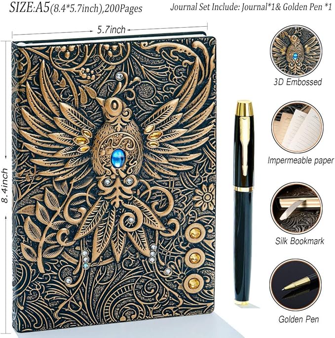 Embossed Leather Journal Writing Notebook - Antique Handmade Leather Daily Notepad Sketchbook, Travel Diary & Notebooks to Write in, Phoenix Gift For Men & Women, with Golden Classic Pen, (Bronze)