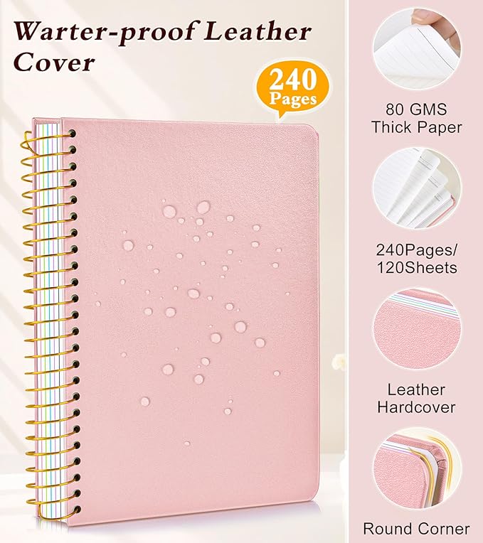 5 Subject Notebook College Ruled, A5 Hardcover Spiral Notebook with Removable Pocket Dividers Tabs, 240 Pages Lined Spiral Journal Notebook for Women, 6x8.5 Notebooks for Work School Note taking Pink