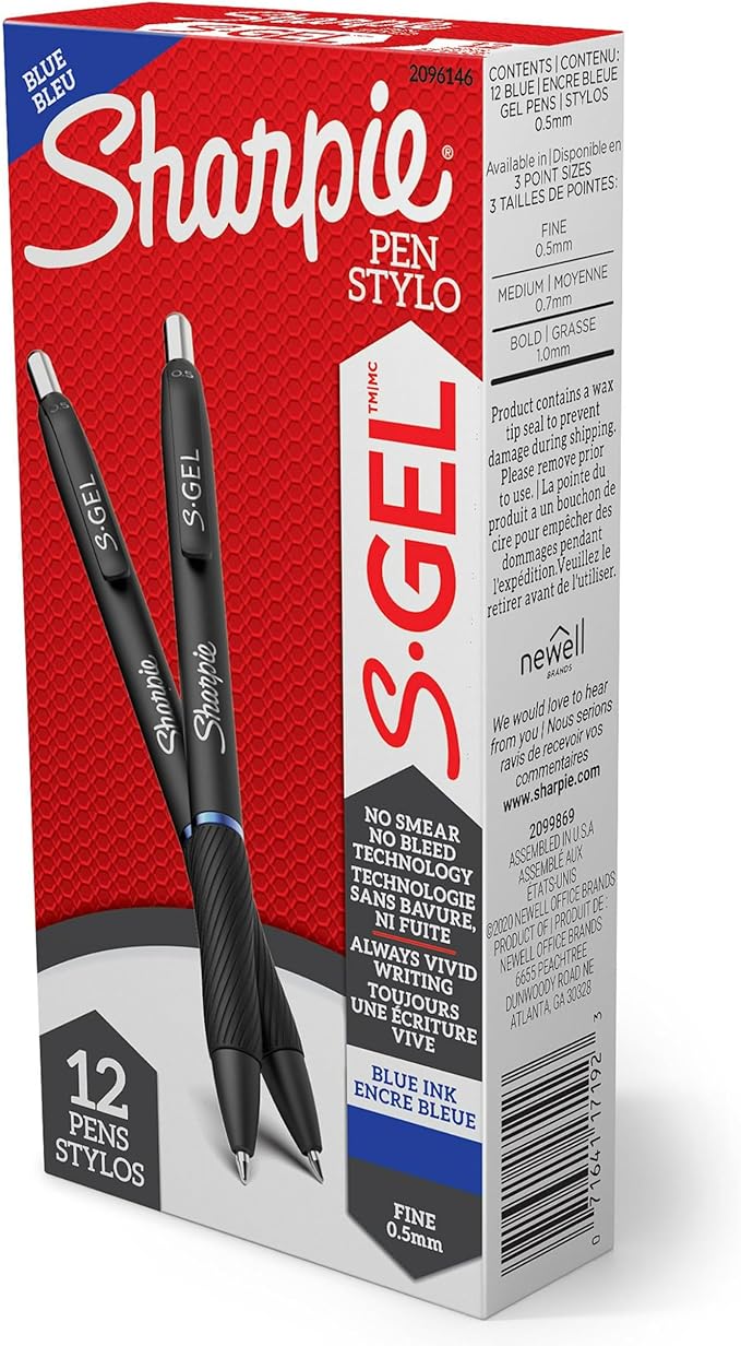 Sharpie S-Gel Gel Pens Fine Point (0.5mm) Blue Ink Gel Pen 12 Count