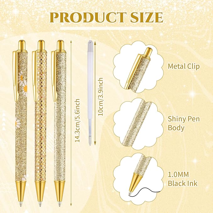 Sherr 7 Pcs Fancy Pens for Women Cute Sparkly Glitter Pens with 10 Pcs Black Ink Refills Pretty Gifts for Girls Office School Christmas Graduation(Delicate)