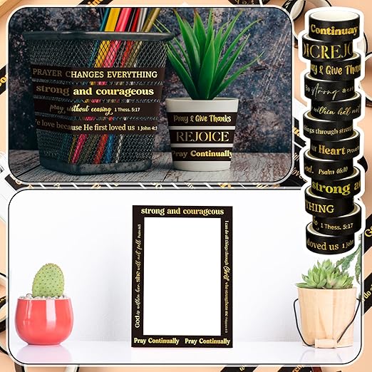 Janlaugh 24 Rolls Christian Washi Tape for Bible Journaling Valentine Black Gold Bible Verse Decorative Tape Bulk Religious Inspirational Scripture Supplies Gifts for Arts DIY Crafts Journals Wrapping