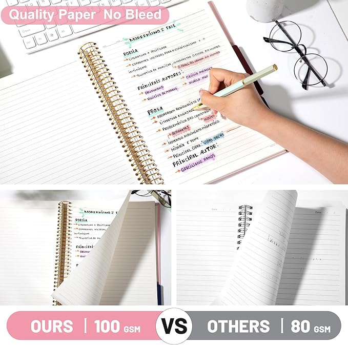 FLYING EAGLE 3 Subject Notebook Large Spiral Notebook 8.5 X 11, Pink Notebook for Women Men, 100 GSM Thick Paper 104 Sheets, Hardcover Notebook for Work, School, Writing, Note Taking Pink