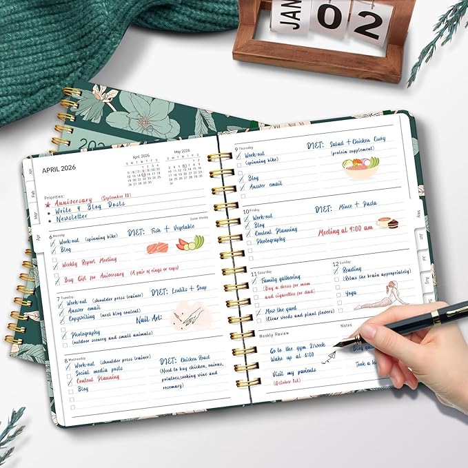 2026 Planner, A5 Weekly and Monthly Planners with Tabs, Spiral Bound Daily Calendar 2026 Planner, Agenda Organizers from Jan. to Dec., Hardcover Habit Tracker Journal 6.18" x 8.5" (Green Flower)