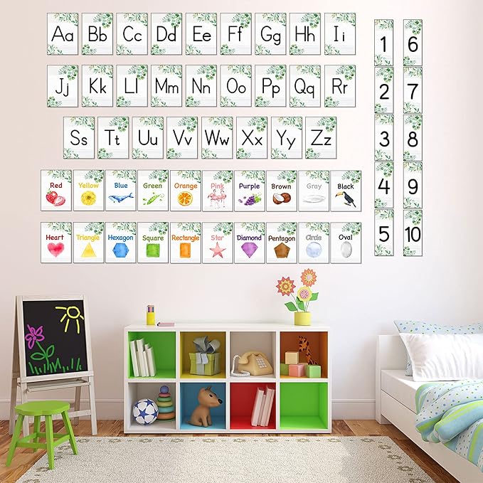 56 Pieces Alphabet and Number Bulletin Board Set Manuscript Bulletin Board Cards Educational Preschool Cards Eucalyptus Colors Shapes Early Childhood Education Posters for Kids Classroom Decoration