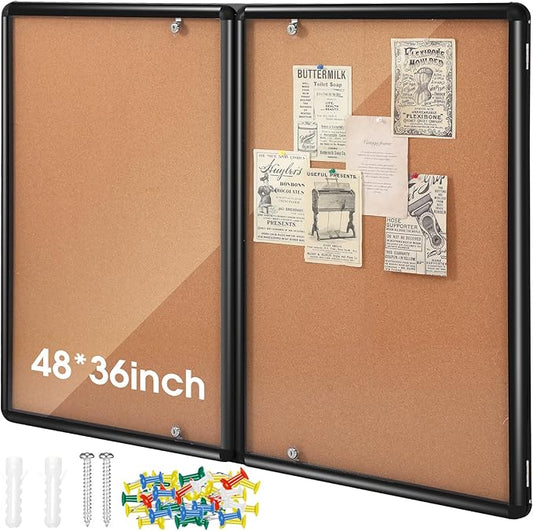 48"x36" Enclosed Bulletin Board Weather Resistant Lockable Outdoor Cork Fabric Display Board Aluminum Frame Wall Mounted 2 Locking Door for Office School Commercial 12xA4(Brown, Black Frame)