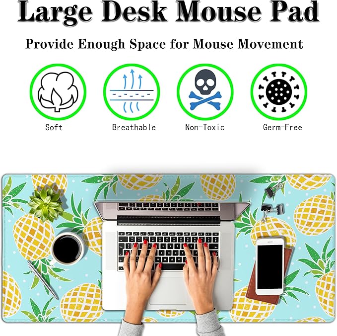 Computer Desk Mat Yellow, XXL Mouse Pads Large Desk Pads, Mouse Pad Gaming Non-Slip Rubber Base Waterproof with Stitched Edges, 35.4 X 15.7 inch for Work/Game/Office Watercolor Pineapple