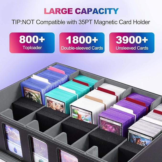 Trading Card Storage Box with Commander Display, 5 Row Magic Card Box with Handle & Aluminum Alloy Locking for 3900+ Unsleeved Cards Suits for MTG PTCG TCG Sports Cards (Black Gray)