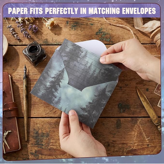 TaoBary 160 Pcs Stationery Paper Set 50 Double Sided Stationery Paper with 50 Matching Envelope and 60 Round Dot Sticker, 10 Design (Whimsical Watercolor Illustration Starry Night Sky,8.25 x 5.5 Inch)