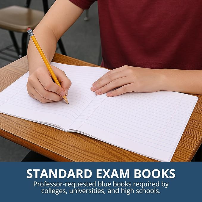 ROARING SPRING Exam Blue Books, 50 School Examination Booklets, 8.5" x 7", 6 Sheets/12 Pages, Wide-Ruled with Margin Student Testbook, Made in USA