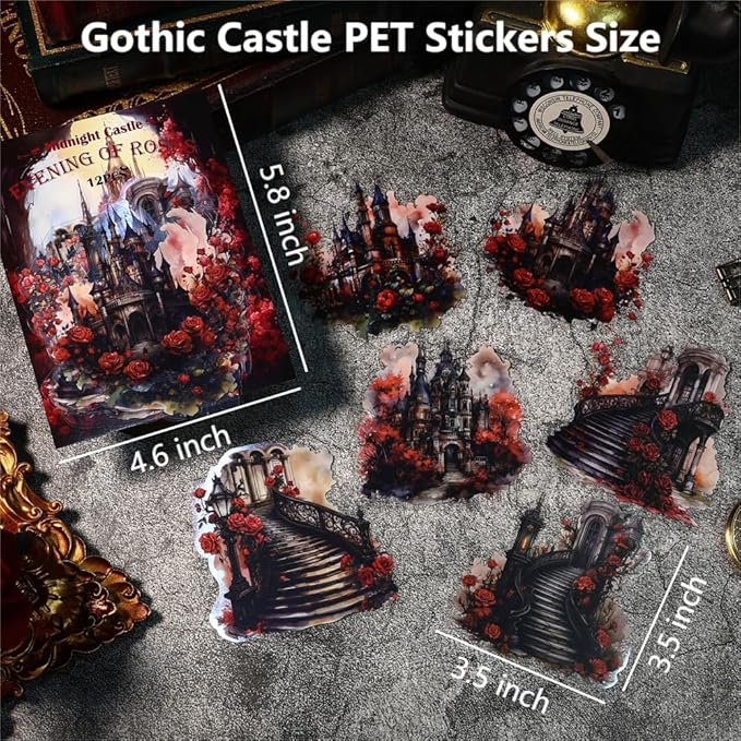 Vintage Dark Aesthetic Goth Scrapbook Supplies Stickers, Waterproof PET Transparent Sticker Stairways with Gothic Flowers Castle Backgrounds for Junk Journaling, Bujo, Planner Decorative