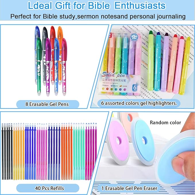 55 Pcs Aesthetic Highlighter and Erasable Pen set,set 6 Bible Highlighters 8Erasable Pens and 40 Refills&Eraser,No Bleed, erasablecolored pens, for Bible Study Journaling Planner Notes School supplies