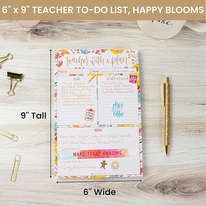 bloom daily planners Teacher To-Do List Planning Pad - Teacher Appreciation Gift | Daily and Weekly Organizer - 80 Sheets Tear-Off Notepad for Classroom or Home School (6” x 9”) - Happy Blooms