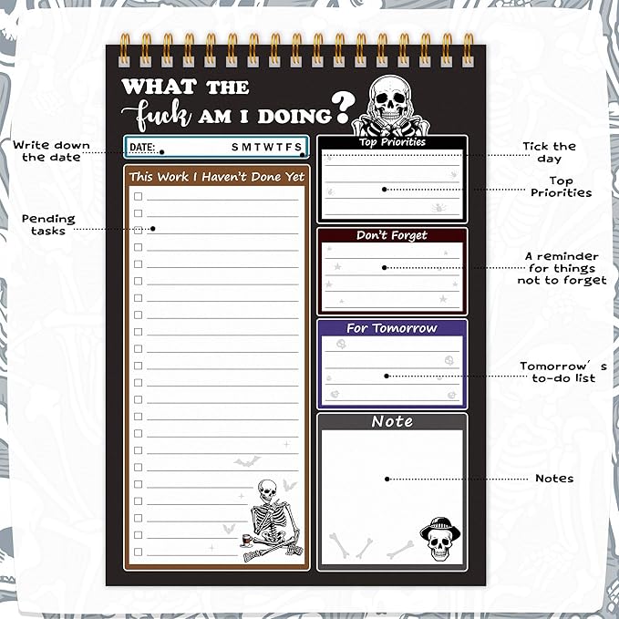 To Do List Pad - Spiral Bound Daily Tear Off Planner Notepad Undated with Checklist, 52 Sheets Vertical Design for Teachers, Office, Students, Appreciation Christmas Gifts (Grey Skull)