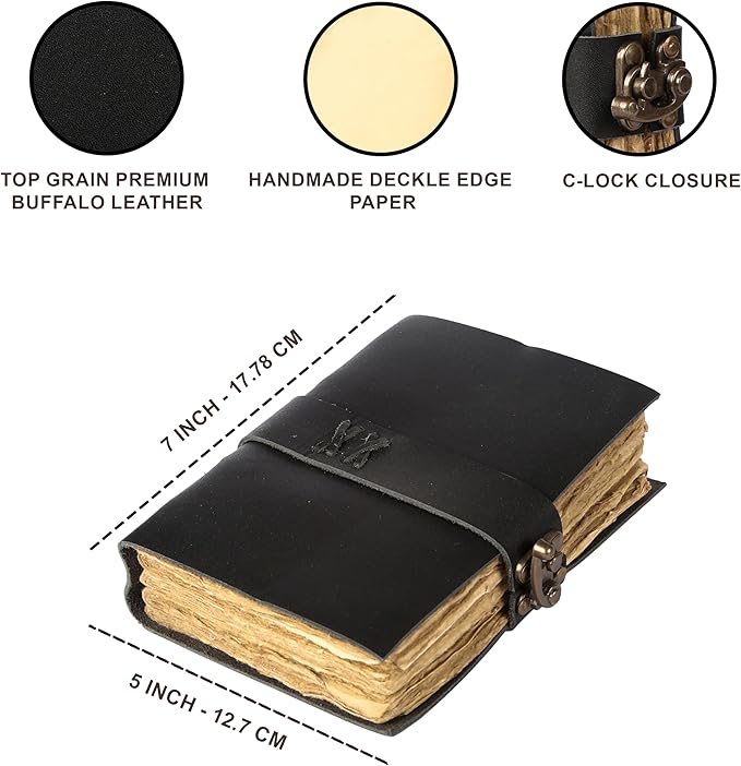 Vintage Leather Journal Handmade Buffalo Deckle Edge Paper – Leather Bound Journal for Women Men Vintage C-Lock Closure Ideal for Writing & Travel for Artists