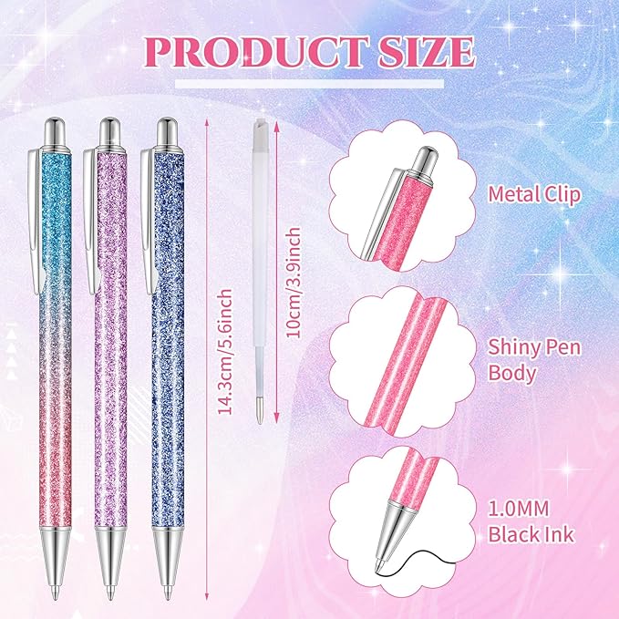 Sherr 7 Pcs Fancy Pens for Women Cute Sparkly Glitter Pens with 10 Pcs Black Ink Refills Pretty Gifts for Girls Office School Christmas Graduation(Glitter)