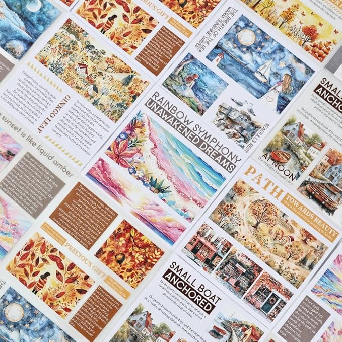 40 Sheets Diecut Washi Sticker Books for Scrapbooking, Summer Seaside Coastal Waves and Gold Fall Fairytale Theme Decorative Stickers for Journaling, Junk Journal Supplies, Scrap Book