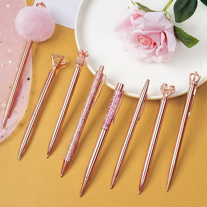 WEMATE 8Pcs Ballpoint Pens Set Metal Crystal Diamond Pen Glitter for Journaling Pen Bling in Black & Blue Ink Pretty Cute Pens Fancy Pens Mother's Day Gifts for Women Wedding School Office (Rose Gold)