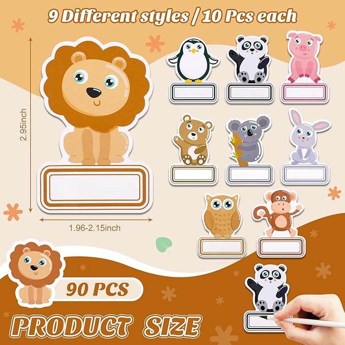 Sabary 90 Pcs Cutout Name Tags Water Bottle Labels Daycare Labels Self Adhesive Name Stickers Gift Tags for Classroom Home Desk Bulletin Board Decoration Party Favor 10 Sheets (Animal)