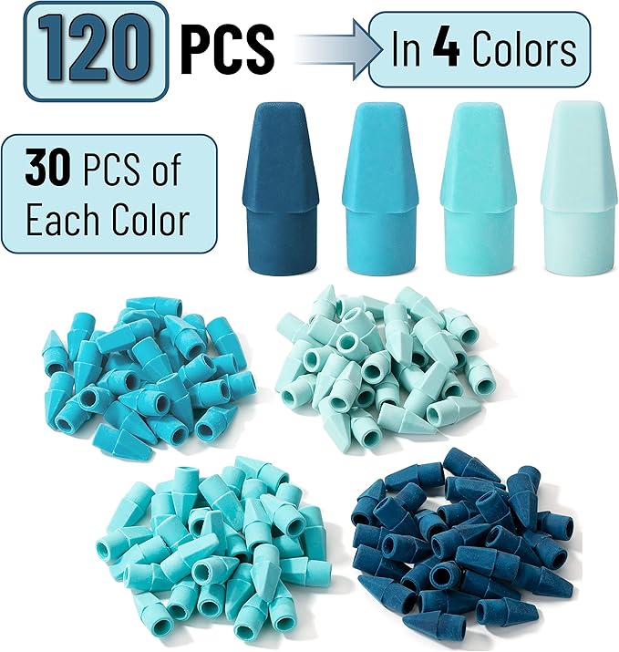 Mr. Pen- Pencil Toppers, 120 Pack, Blue Shades, Pencil Top Eraser Caps