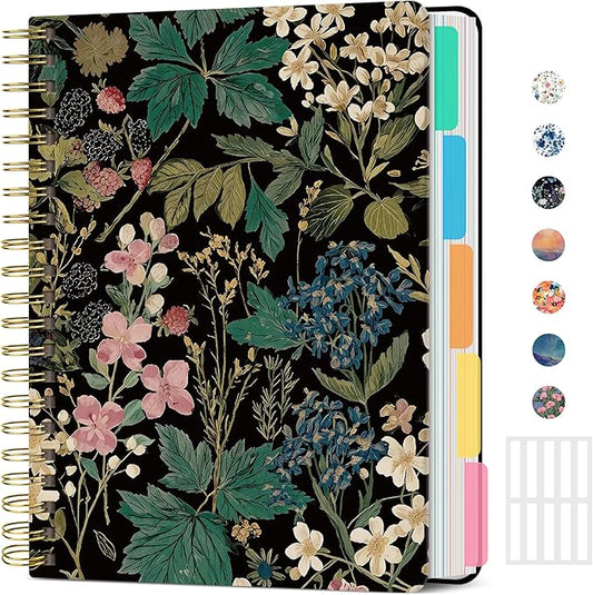 Large Spiral Lined Notebooks for Work with Removable Dividers & Tabs, 8.5"x11" Pretty Hardcover 5 Subject Notebook Journal for Women, College Ruled, Perfect for Study & Office Organization, 280 Pages,Forest Botanica