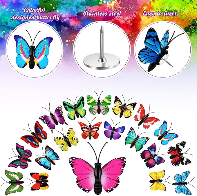 Butterfly 30 Pack Thumb Tacks Decorative Push Pins Butterfly Push Pins Colorful Cute Pushpin for Photo Wall Cork Board Bulletin Board Home Wall Pattern Decoration (Colorful,1.57 in)