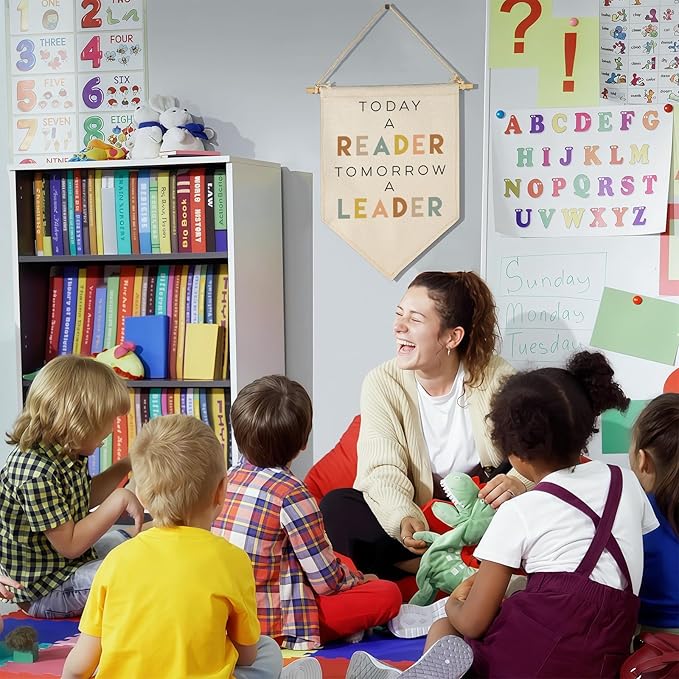 Today A Reader Tomorrow A Leader-Reading Corner Banner-Reading Center Decor-Playroom Classroom Reading Decor-Canvas Hanging Pennant Flag Banner Wall Sign Gift-Birthday Christmas Gift