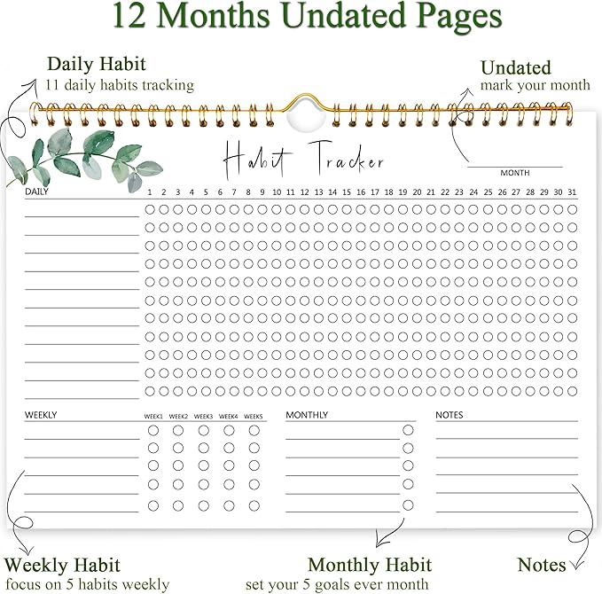 Habit Tracker Calendar, Aesthetic Daily Weekly Goal and Habit Tracker Journal, 12 Months Undated Habits Tracker Planner with Spiral Binding, Boost Productivity Tool and Workout Calendar, 11.7"x8.5"