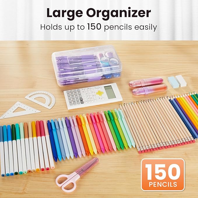 Sooez Plastic Pencil Case Box 6 Pack, Colored Large Craft Storage Bulk, Plastic Containers with Snap-tight Lids, Hobby Art School Supply Organizer, Marker Bead Pen Bins Organizer,Stackable