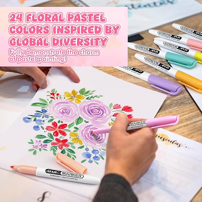SFAIH 24 Pastel Permanent Markers - Assorted Dreamy Colors, Quick Drying, Fade Resistant, Fine Point Permanent Markers for Paper, Scrapbook, Coloring Book, Poster, Home, Art Painting, Drawing