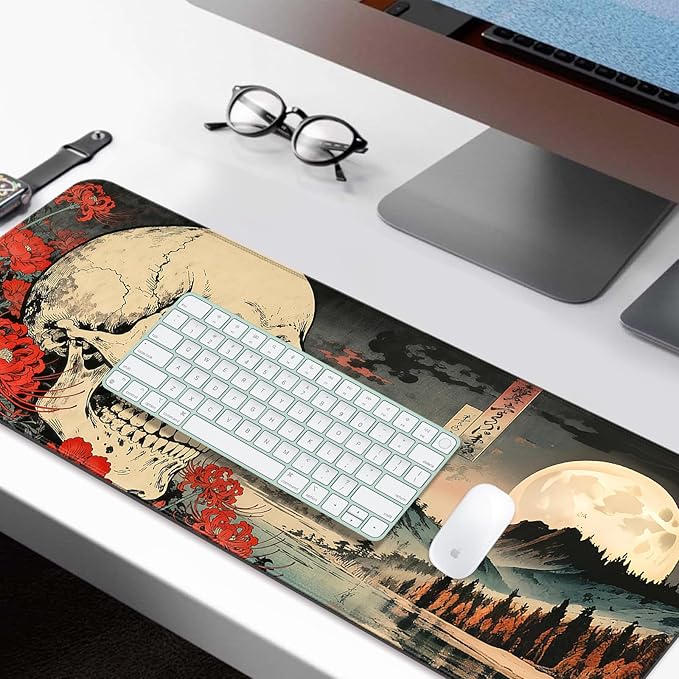 Japanese Retro Skull and Floral XL Large Desk Mat, Extended Long Desk Pad for Gaming and Office, Non-Slip Rubber Base, Comfortable Surface Mouse Pad, 31.5x11.8 in (H11)
