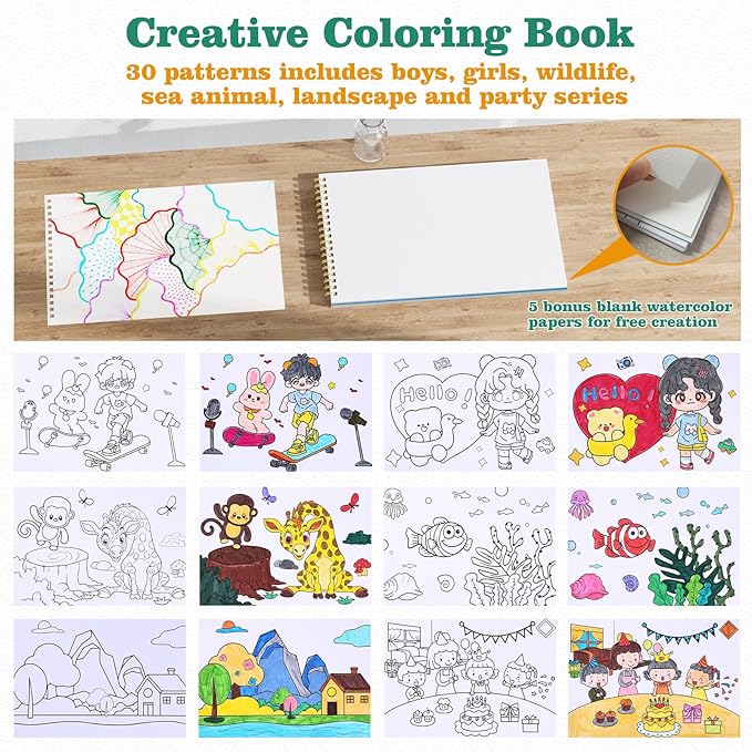 Easy Creative Coloring Book Set for Adults with 30 Patterns, 36 Color Markers, 10 Hangable Coloring Cards & 5 Premium Blank Watercolor Papers - Arts and Crafts Gift for Relaxation