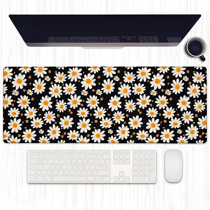 Retro Daisy Gaming Mouse Pad, Extended White Daisies Floral Desk Mat Computer Laptop Mousepad, Robust Stitched Edges, 31.5"×11.8" Large Office Keyboard Mouse Pads for Home Desktop Decor