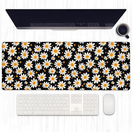Retro Daisy Gaming Mouse Pad, Extended White Daisies Floral Desk Mat Computer Laptop Mousepad, Robust Stitched Edges, 31.5"×11.8" Large Office Keyboard Mouse Pads for Home Desktop Decor