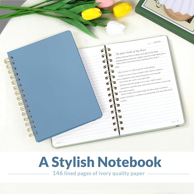 SUNEE Journaling Notebooks, A5 Lined Spiral Notebook for Women, 146 Pages College Ruled Hardcover Notebook for Work, Note Taking, Journaling and Office School Supplies, A5 - Haze Blue
