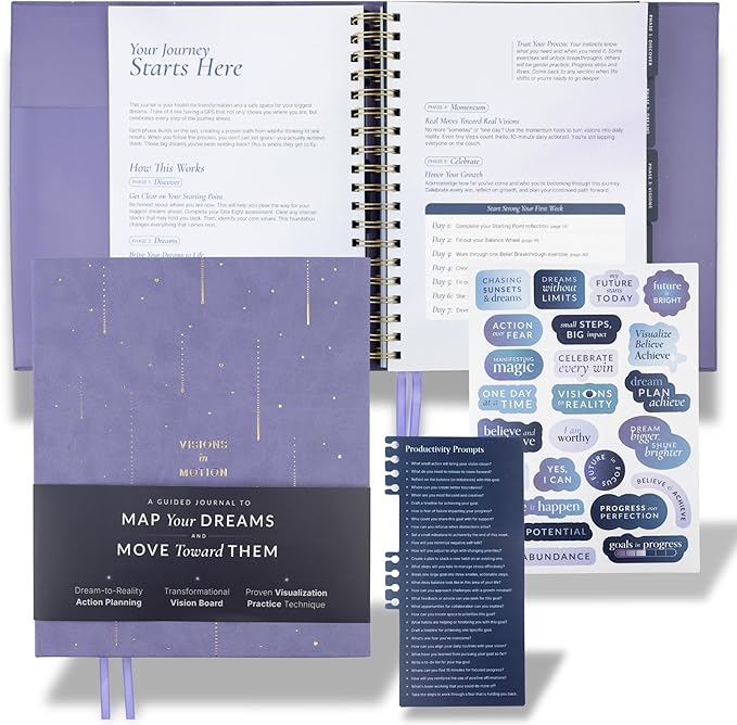 Manifestation Journal & Vision Board Kit Guided Journal | Self Improvement & Goal Planner with Habit Tracker for Self Care | Undated Vegan Leather Hardcover | Visions in Motion Portable Vision Board (Purple)