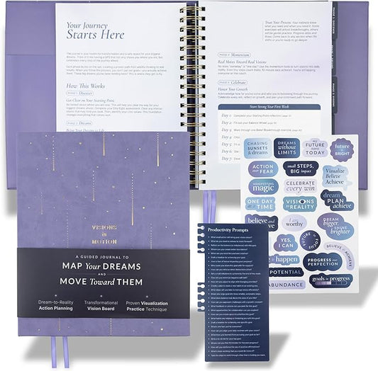 Manifestation Journal & Vision Board Kit Guided Journal | Self Improvement & Goal Planner with Habit Tracker for Self Care | Undated Vegan Leather Hardcover | Visions in Motion Portable Vision Board (Purple)