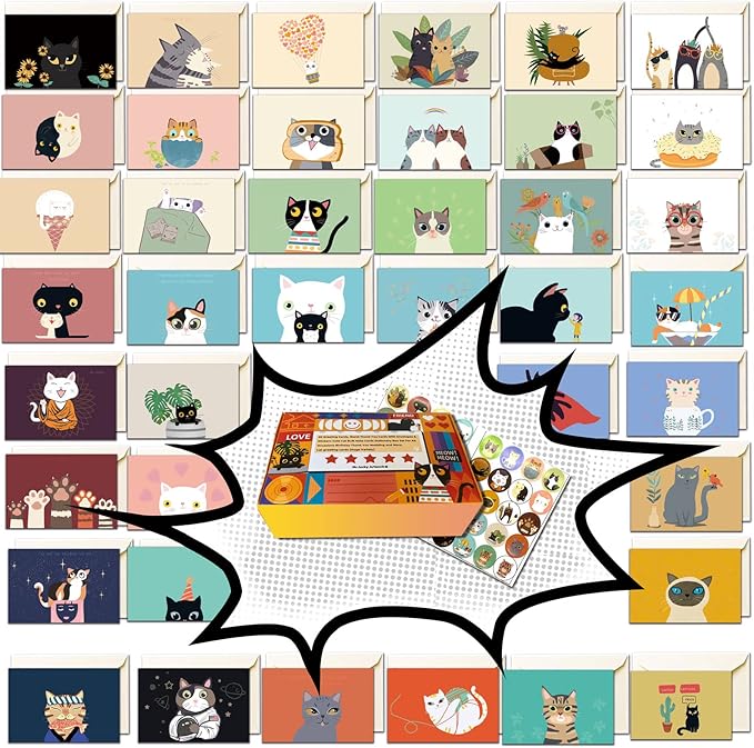 40 Greeting Cards, Blank Thank You Cards With Envelopes Cute Cat Bulk Note Cards Stationery Box Set For All Occasions Birthday Thank You Wedding and More.Cat greeting cards (Huge Variety)