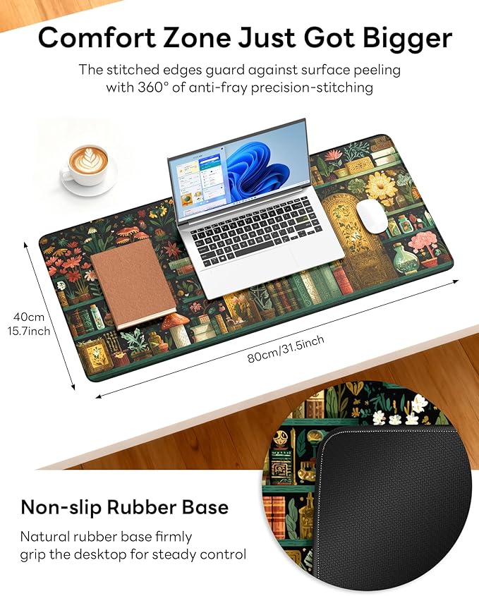 XL Gaming Mouse Pad, 31.5x17.5'' Large Desk Mat with Anti-Slip Rubber Base & Stitched Edges for Gaming, Office, Home - Boho Bookshelf